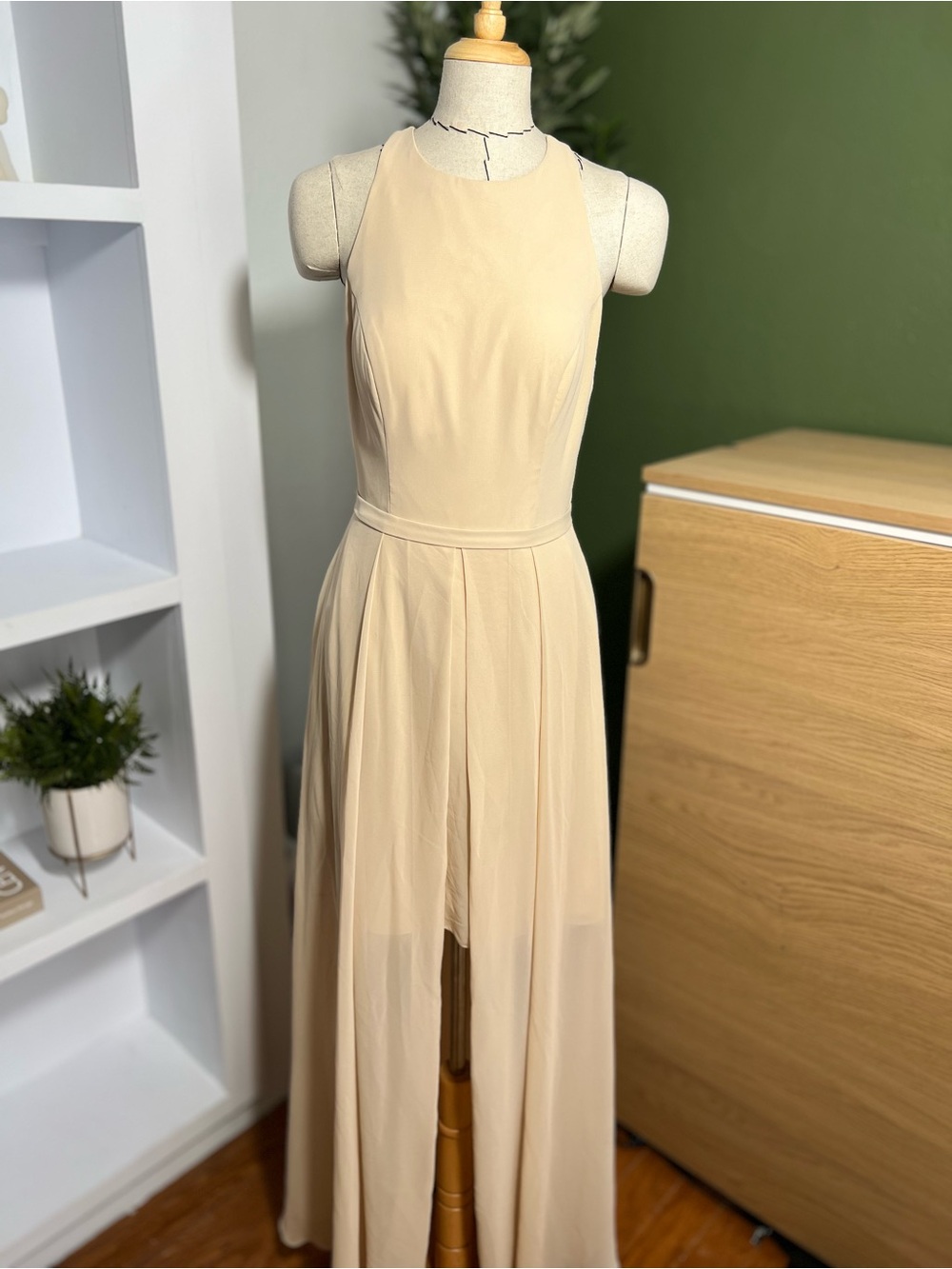 Azazie Champagne Chiffon Halter Bridesmaid Dress Lace Back A6